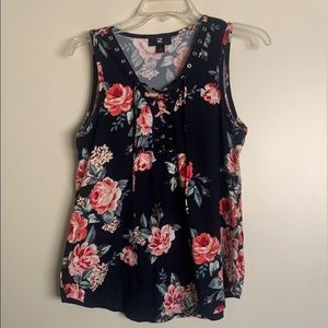 Top Blouse S Navy Blue Rose Print Sleeveless